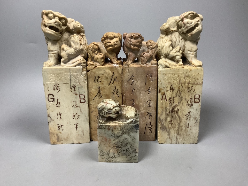 Two pairs of Chinese soapstone seals and another smaller, tallest 17.5cm, Provenance: Henri Ely Thence to his son General Paul Ely